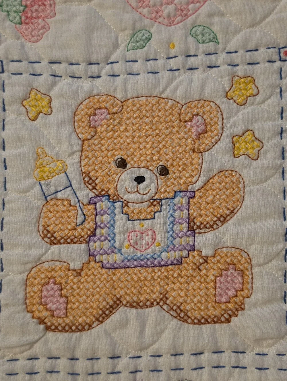 2009 Completed Bucilla Plaid Babies Are Precious Cross Stitch Baby Blanket